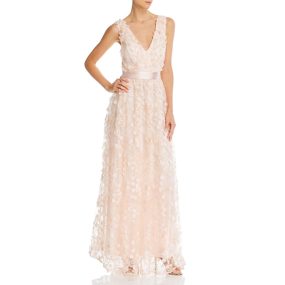 Pink Lace Appliqué Floral Evening Dress